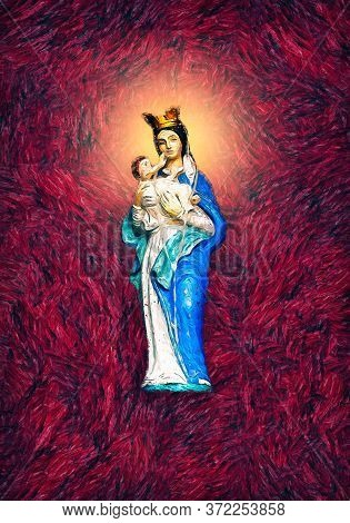 Impressionist Style Digital Painting Of Mary And Baby Jesus With A Halo On Red Colour Background.