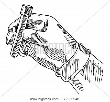 Black And White Drawing Of Researcher Hand Holding Test Tube