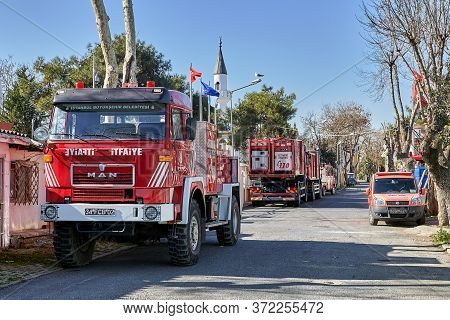 Istanbul, Turkey - February 13, 2020: A Fleet Of Fire Engines In The Adalar District, Buyukada Islan