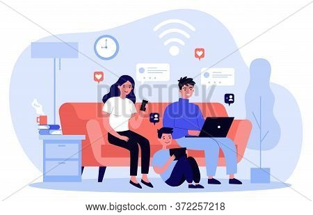 Family Suffering From Social Media Addiction. Parent And Child Sitting Together At Home And Using Di