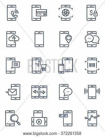 Cell Phone Services Line Icon Set. Mobile Phone Notifications, Chat Messages, Wireless Payment, Clou