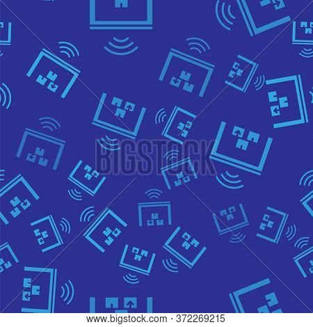 Blue Smart Warehouse System Icon Isolated Seamless Pattern On Blue Background. Vector