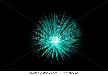 Beautiful Turquoise Big Bang Science Object With Glowing Core. Scientific Artificial Scene In Microc