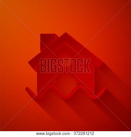 Paper Cut House Flood Icon Isolated On Red Background. Home Flooding Under Water. Insurance Concept.