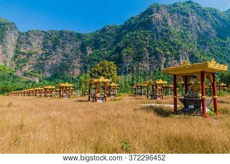 Lumbini Garden With Rows Of Buddha Statues Near Hpa An, Myanmar