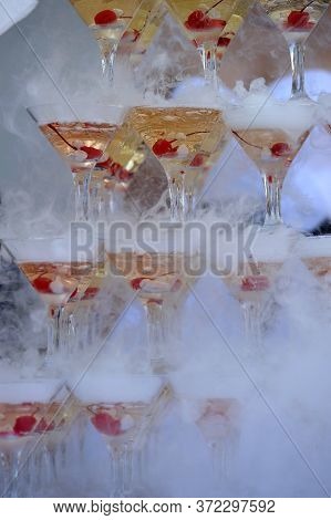 Pyramid From Glasses Of Champagne On Wedding Party