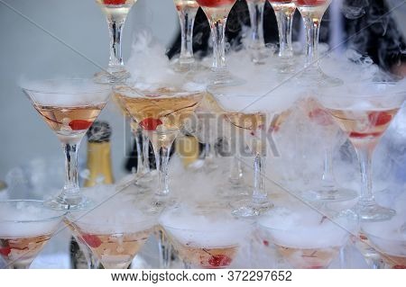 Pyramid From Glasses Of Champagne On Wedding Party