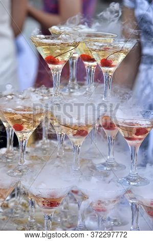 Pyramid Of Glasses With A Champagne Close Up.