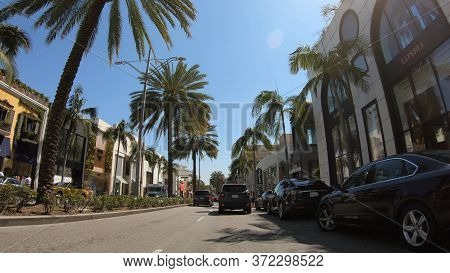 Driving On Rodeo Drive In Beverly Hills - Los Angeles. United States Of America - March 18, 2019
