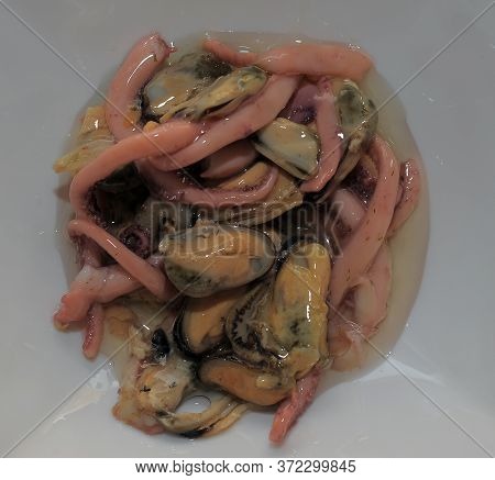 Seafood Stew, Squid And Mussels On Plate