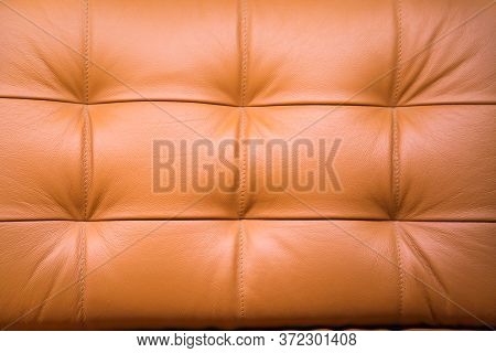 View Of The Back Of A Leather Sofa Light Brown Stitched Thread Bumps. Backgrounds, Structures, Inter