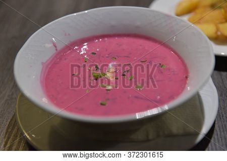 Lithuanian Cold Borscht In A White Plate On The Table