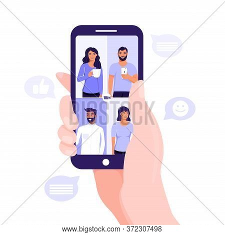 Video Conference Or Online Meeting Concept. Hand Holding A Mobile Phone. Team Of People On Smartphon