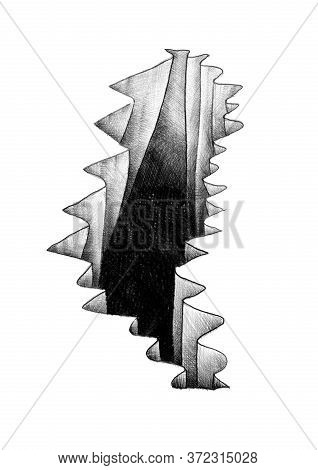Freehand Graphite Pencil Drawing Of A Deep Gaping Cleft In The White Ground. Nobody Here To Face The