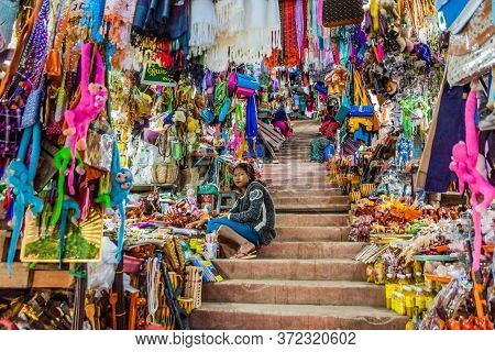 Mt Popa, Myanmar - December 8, 2016: Trinket And Souvenir Sellers At The Stairway To Mt Popa, Myanma
