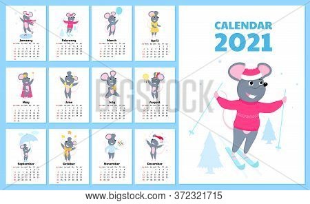 Calendar For 2021 From Sunday To Saturday. Cute Rats In Different Costumes. Mouse Cartoon Character.