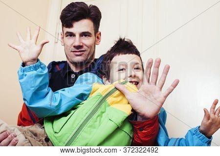 Faher And Son Together Having Fun At Home, Lifestyle Happy Family, People At Home