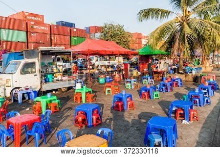 Yangon, Myanmar - December 15, 2016: Street Food Stalls At Botataung Harbor In Yangon.
