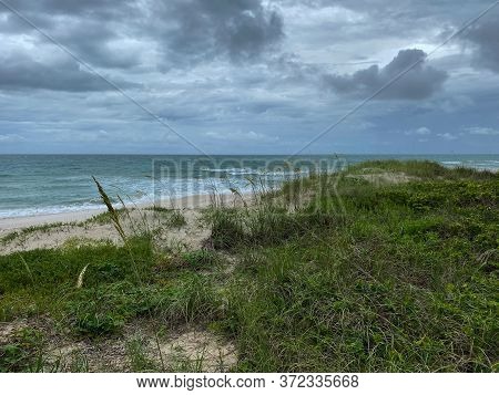 Sea Oats  Overlooking The Beach And Ocean On A Beautiful Cloudy Day Along The Shoreline On North Hut