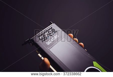Paris, France - Sep 30, 2019: Pov Male Hand Showing Demonstrating New Professional Nvidia Quadro P40