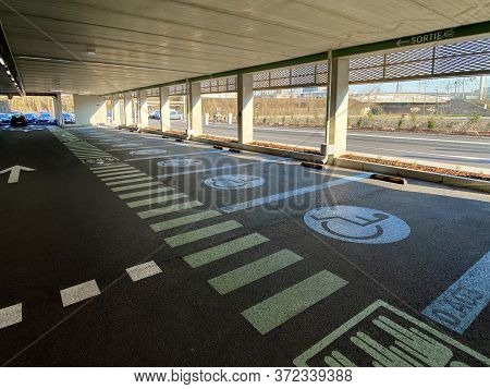 Strasbourg, France - April 2, 2020: Empty Parking For Disabled People During Covid-19 Coronavirus Pa