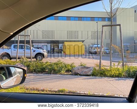 Strasbourg, France - April 2, 2020: Emergency Yellow Primary Help Point During Covid-19 Coronavirus 