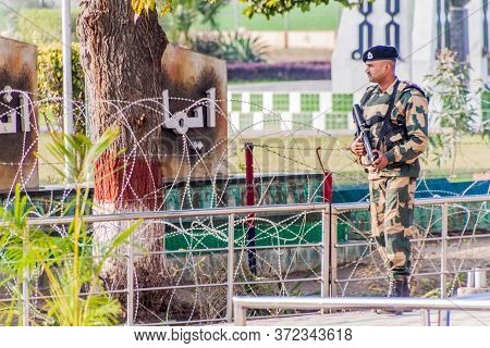 Wagah, India - January 26, 2017: Soldier Guarding At India-pakistan Border In Wagah In Punjab, India