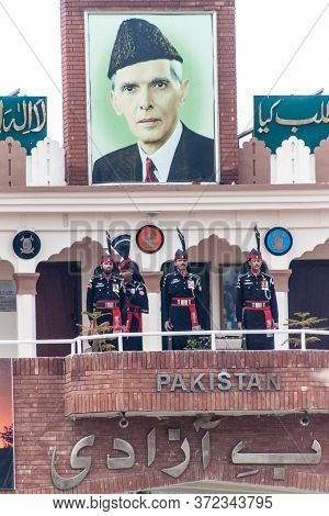 Wagah, Pakistan - January 26, 2017: Portrait Of Muhammad Ali Jinnah, Founder Of Pakistan, At India-p