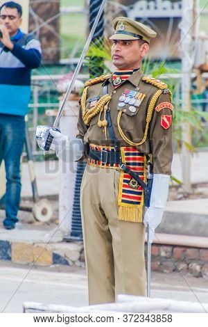 Wagah, India - January 26, 2017: Indian Border Guard At The Military Ceremony At India-pakistan Bord