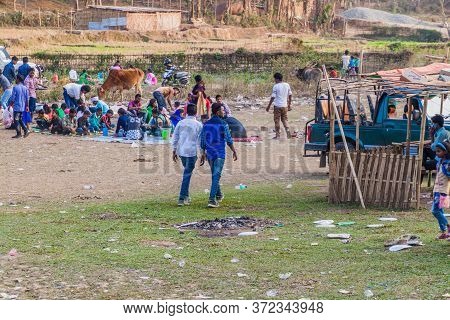 Kaziranga, India - January 29, 2017: Tourists Having A Picnic Near Kaziranga Village, Asam State.