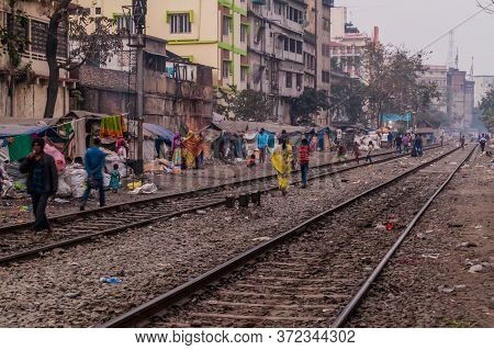 Guwahati, India - January 31, 2017: People At The Railway Lines In Guwahati, India