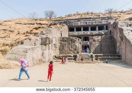 Ellora, India - February 7, 2017: Carved Cave In Ellora, Maharasthra State, India