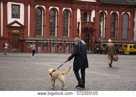 German People Leash Dog Walking Relax At Front Of Marktplatzbrunnen With St. Sebastian Church And Th