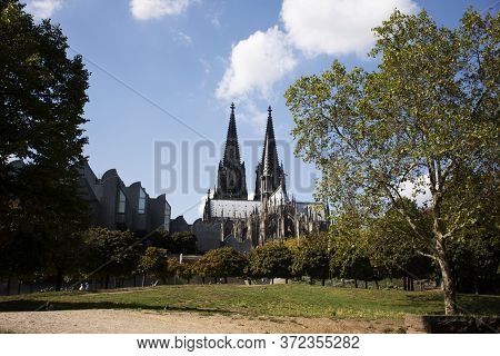 View Landscape Rhine Garden Or Rheingarten Park Near Hohenzollern Bridge At Riverside Rhine River Wi