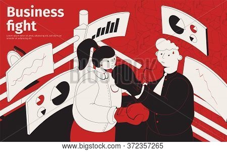 Business Fight Isometric Poster With Male And Female Characters In Boxing Gloves Fighting Each Other