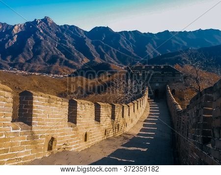A Section Of The Great Wall Of Mu Tian Yu Chang Cheng Filmed In A Winter Sunny Day Against The Backd