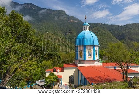 The Church To The Virgin Del Chorrito, Against Mountains Of  The Sierra Madre Oriental
