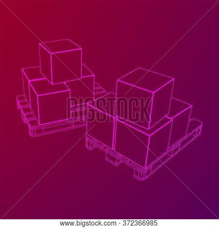 Cargo Pallet For Warehouse With Stacked Goods Cardboard Boxes. Logistics Shipping Concept. Wireframe
