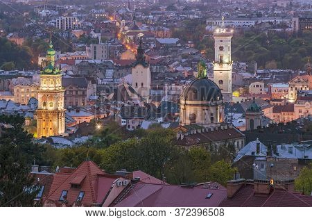 Night View Of Weastern European City Lviv, Architecture Background