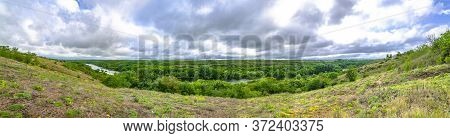 Panoramic View Of Southern Bug. Yuzhny Buh River Flow Through Green Trees. Nature Landscape