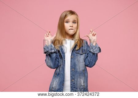 Little Kid Girl 12-13 Years Old In Denim Jacket Isolated On Pink Background. Childhood Lifestyle Con