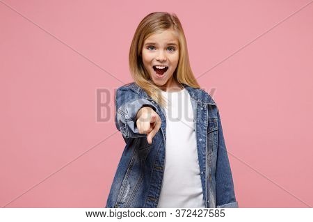 Little Blonde Kid Girl 12-13 Years Old In Denim Jacket Isolated On Pastel Pink Background Children S