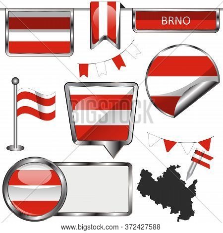 Vector Glossy Icons Of Flag Of Brno, Czech Republic On White