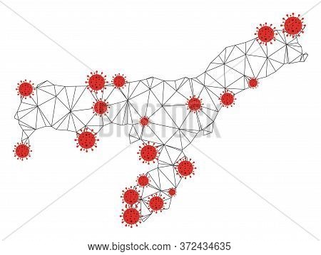 Polygonal Mesh Assam State Map With Coronavirus Centers. Abstract Mesh Connected Lines And Flu Virus