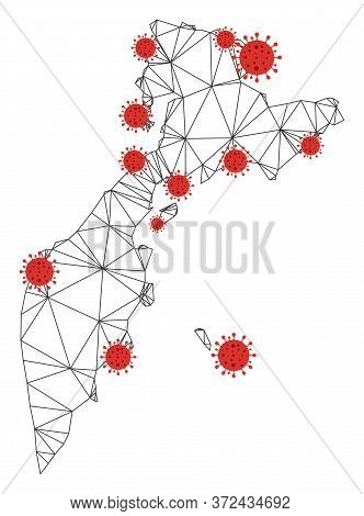 Polygonal Mesh Kamchatka Map With Coronavirus Centers. Abstract Network Connected Lines And Covid Vi
