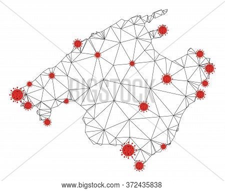 Polygonal Mesh Spain Mallorca Island Map With Coronavirus Centers. Abstract Network Connected Lines 