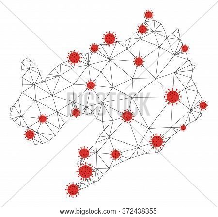 Polygonal Mesh Liaoning Province Map With Coronavirus Centers. Abstract Net Connected Lines And Covi