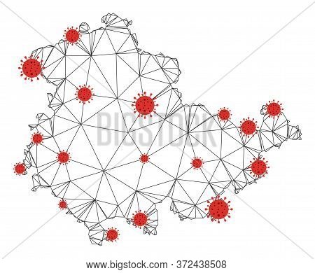 Polygonal Mesh Thuringia Land Map With Coronavirus Centers. Abstract Mesh Connected Lines And Covid-