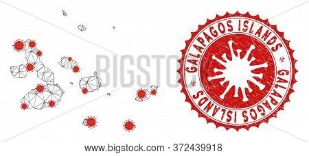 Polygonal Mesh Galapagos Islands Map With Coronavirus Centers. Abstract Network Connected Lines And 