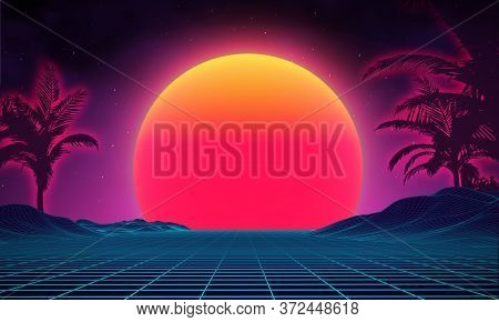 Retro Background Futuristic Landscape 1980s Style. Digital Retro Landscape Cyber Surface. 80s Party 